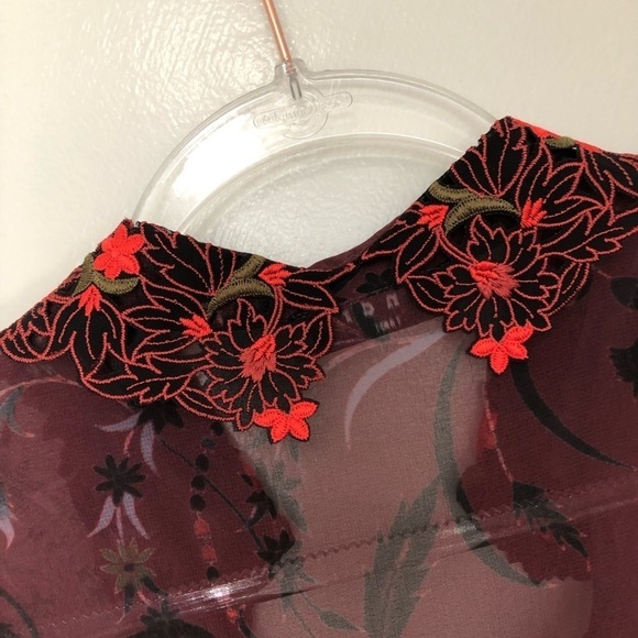 Sandro Blouse Red Sheer Floral Embroidered Collar 1 Small - Picture 6 of 7